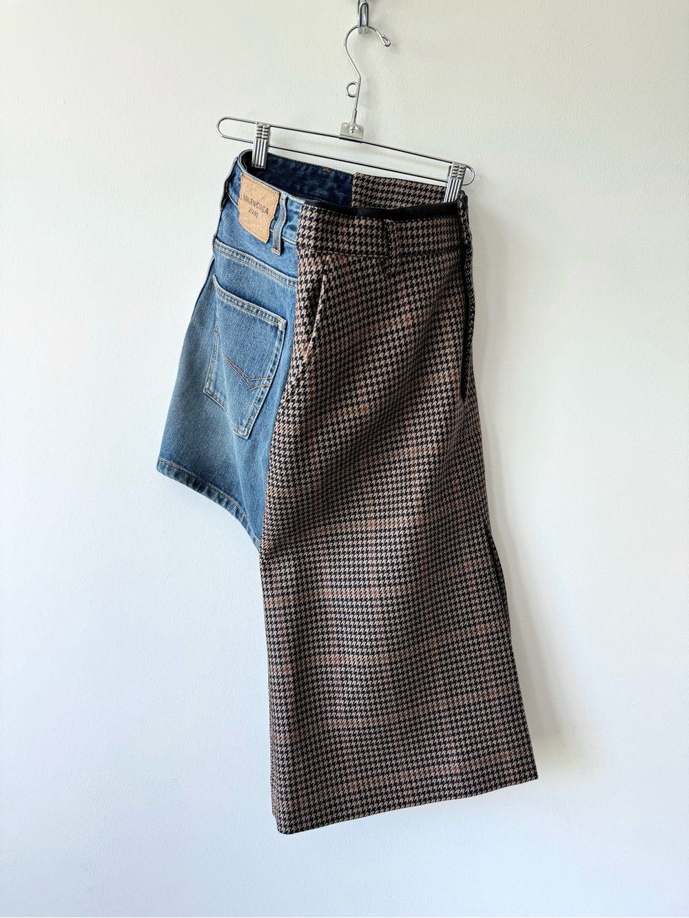 NWT Balenciaga Trompe L'Oeil Skirt Midi Wool Houndstooth Front Short Denim Back